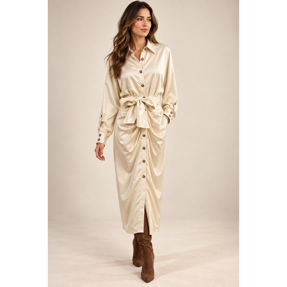 Antonio Melani Shirt Dress Womens 6 Natural NWT Satin Roxanne Midi Tie Waist